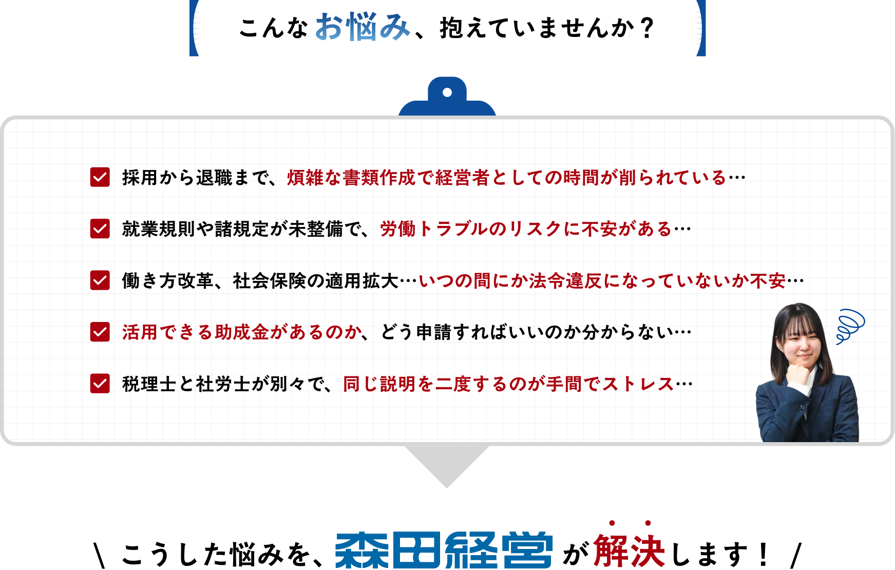 こんなお悩み、抱えていませんか？
													
									\  こうした悩みを、森田経営が解決します！  /					  
														  
														  