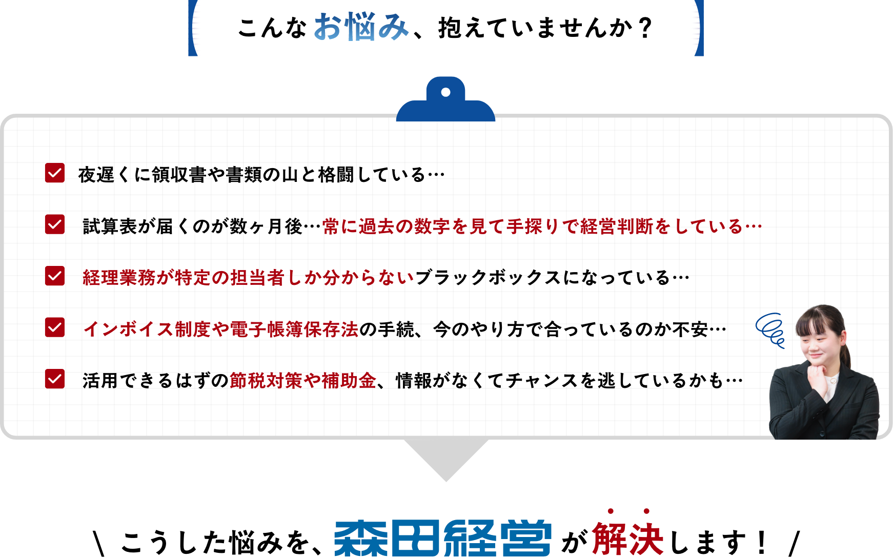 こんなお悩み、抱えていませんか？
													
									\  こうした悩みを、森田経営が解決します！  /					  
														  
														  