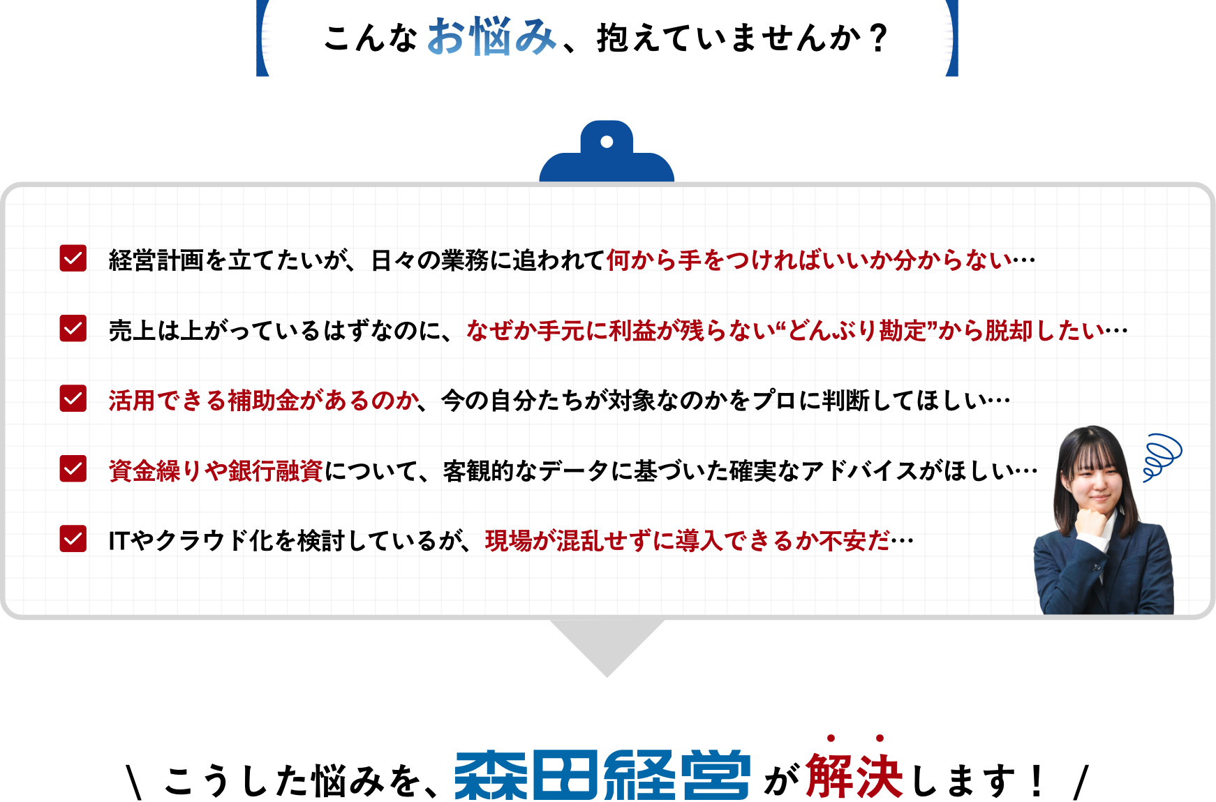 こんなお悩み、抱えていませんか？
													
									\  こうした悩みを、森田経営が解決します！  /					  
														  
														  