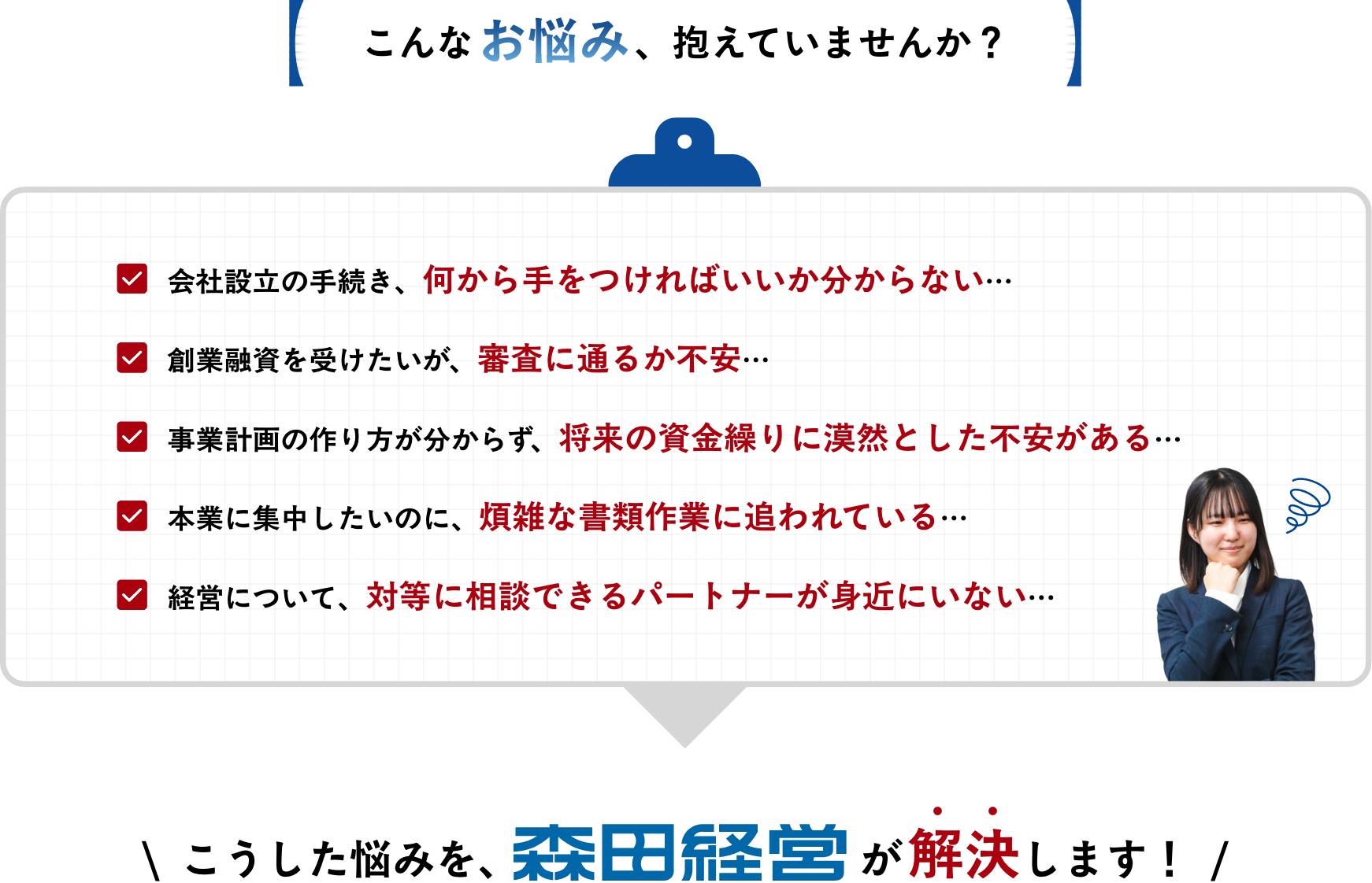 こんなお悩み、抱えていませんか？
													
									\  こうした悩みを、森田経営が解決します！  /					  
														  
														  