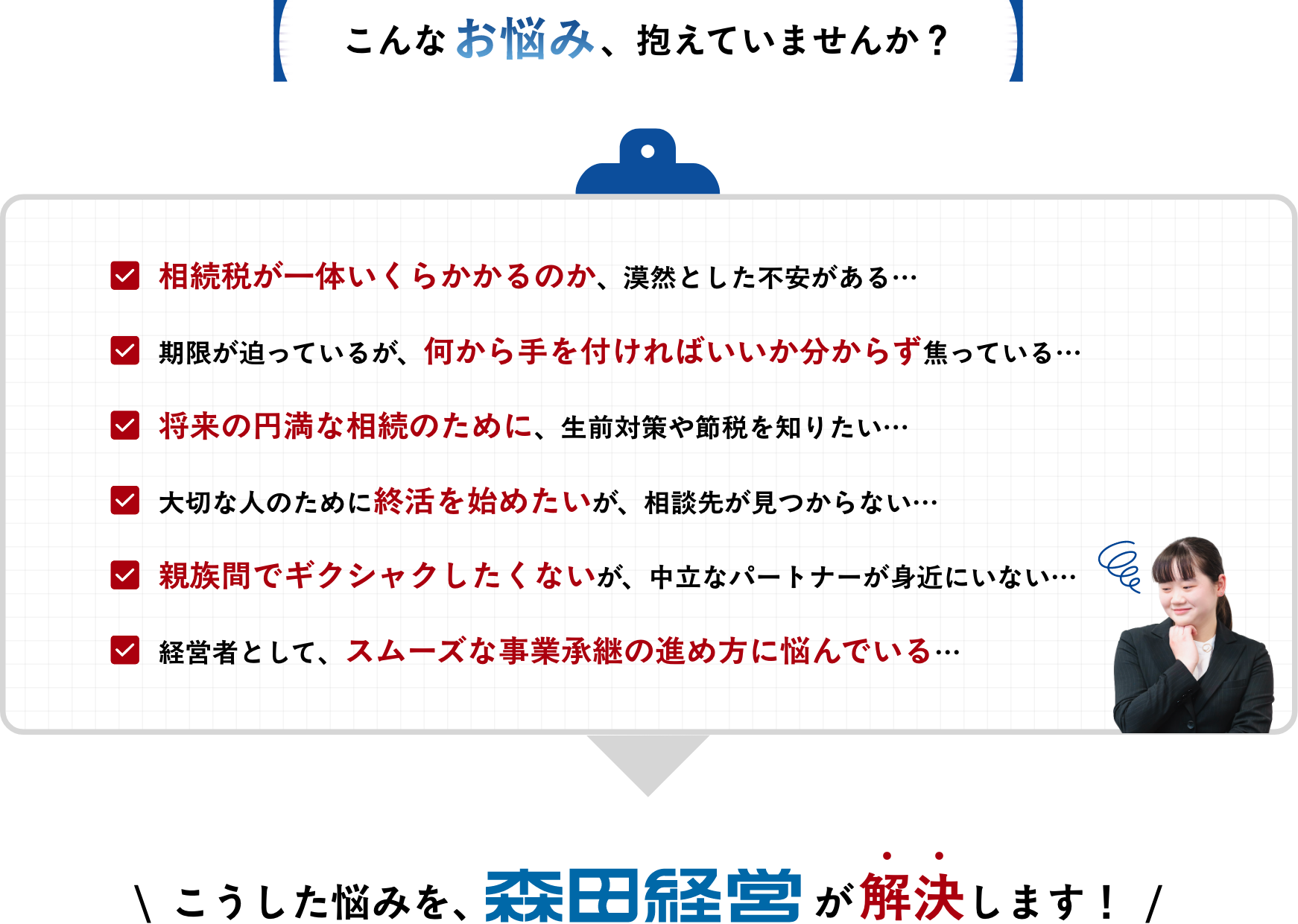 こんなお悩み、抱えていませんか？
													
									\  こうした悩みを、森田経営が解決します！  /					  
														  
														  