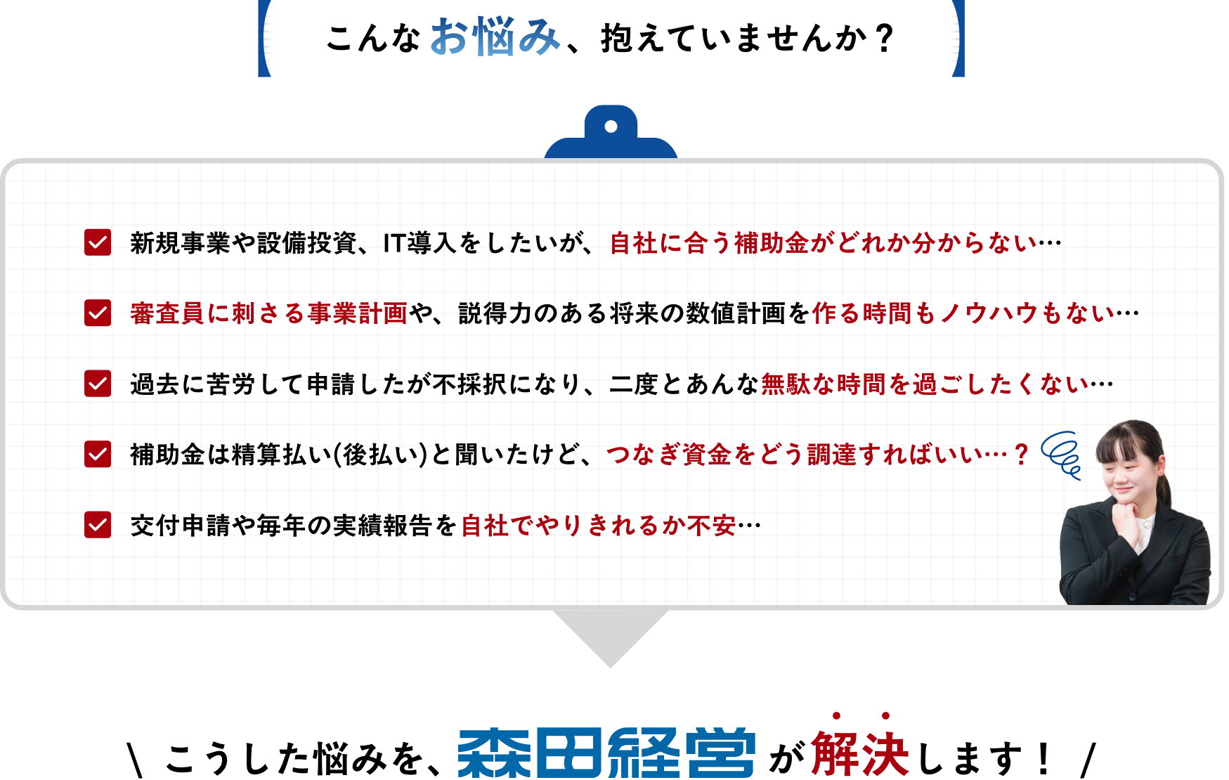 こんなお悩み、抱えていませんか？
													
									\  こうした悩みを、森田経営が解決します！  /					  
														  
														  